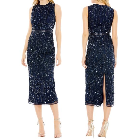Mac Duggal Sequin Sleeveless Midi Dress 93767 Midnight Blue Size 12 - Picture 2 of 13